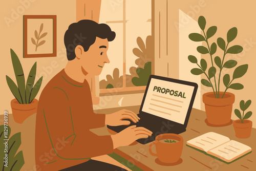 Man Working on Proposal with Laptop Plants and Coffee in Cozy Setting