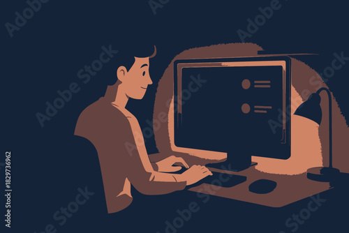 Person Working on Computer Illuminated by Desk Lamp in Dim Light