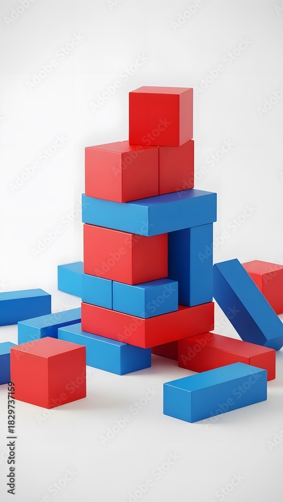 Obraz premium Colorful red and blue building blocks stacked and scattered on a clean white background.