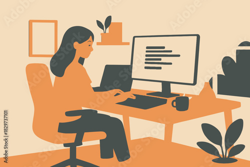 Stylized Woman Working at Desk with Computer Laptop and Coffee Mug