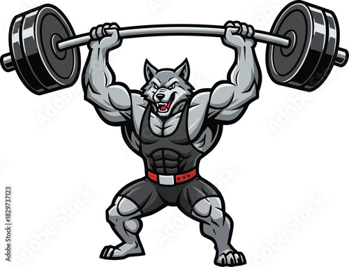 Muscular wolf weightlifter raising a heavy barbell above his head. Strong exaggerated anatomy, energetic pose, bold vector lines, sports team mascot illustration
