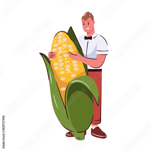 Cartoon chef holding huge corn, funny concept of organic market and farm harvest. Simple flat mascot for grocery store, healthy lifestyle and organic food, flat vector illustration.