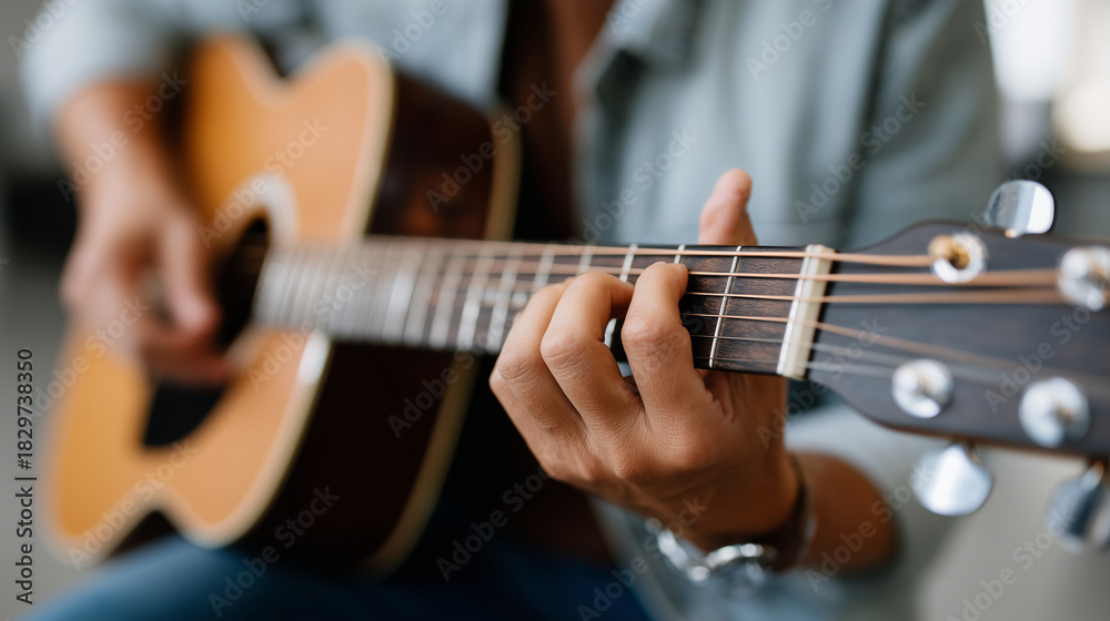 Obraz premium someone tuning a guitar while learning music basics, soft natural lighting, 