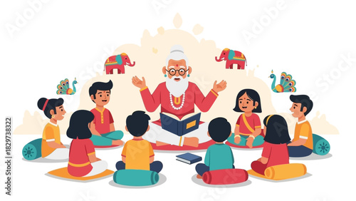 A charming flat design illustration showcasing an Indian storyteller captivating a group of children with tales at a literature festival. 