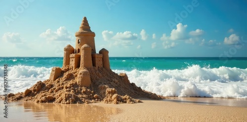 Fototapeta Naklejka Na Ścianę i Meble -  A sandcastle crumbles dramatically as a wave crashes over it, leaving a comical aftermath of soggy architecture Perfect for summer, vacation, and humorous beach themes , wobbly, sandcastle, funny