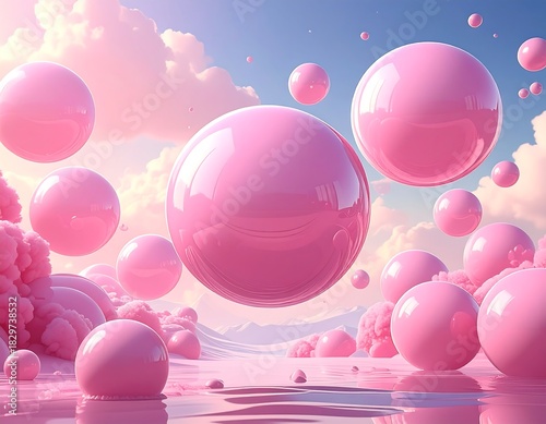 Pink Floating Bubbles Dreamy Landscape.