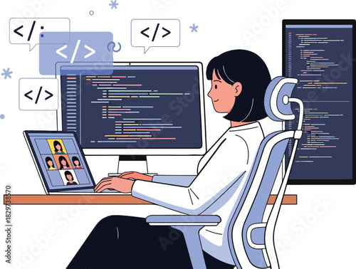 A Female Programmer Working Remotely and Coding on Her Computer with Video Call on Screen