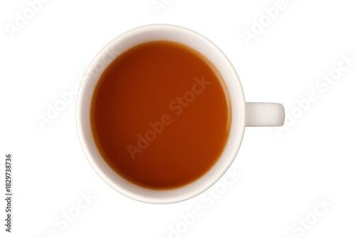 Top view of white ceramic cup filled with hot black tea or coffee isolated on transparent background