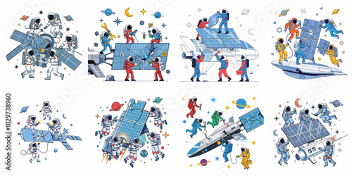 Astronaut team performing satellite repair and space maintenance tasks, including fixing damaged solar panels on orbital spacecraft.