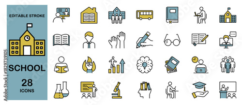 School Icon Set – Education, Study, Student and Teacher. Editable Stroke, Colored Vector Illustration