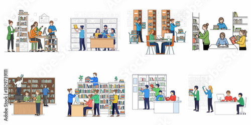 Set of illustrations depicting people working, reading, and studying in libraries or bookstores, featuring staff and patrons with books and technology.