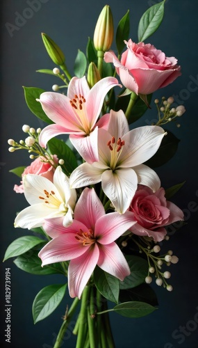 A breathtaking arrangement of lilies, roses, and other funeral flowers, meticulously crafted for a somber yet elegant tribute The soft pastel colors evoke peace and serenity , casket spray, lilies