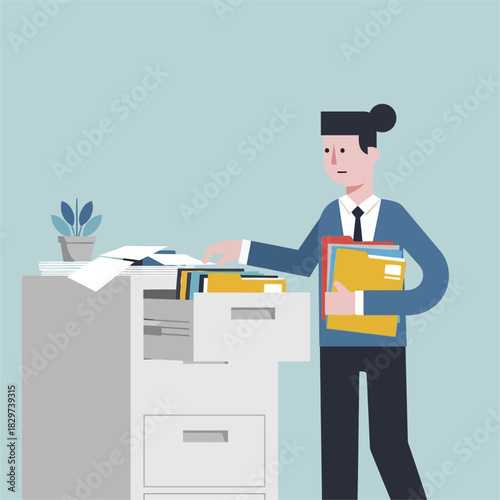 Office worker searching for documents in the filing cabinet.