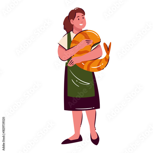 Female chef holding a huge shrimp in flat cartoon style, with bold seafood details and glossy shell accents, emphasizing the giant prawns shape, vector illustration.