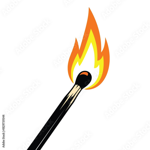 A single burning matchstick with bright orange and yellow flames isolated on a clean white background, symbolizing ignition and start.