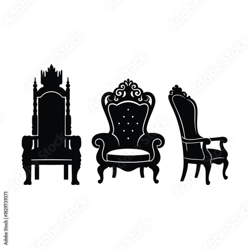 Three ornate throne chairs in silhouette: a regal high-back, a plush armchair, and a tall elegant seat, isolated on white background.