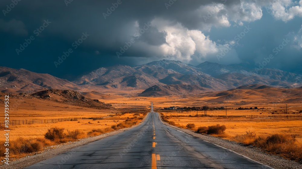 Naklejka premium Long straight asphalt road stretches to the horizon with dramatic storm clouds gathering over distant mountains in a moody desert landscape.