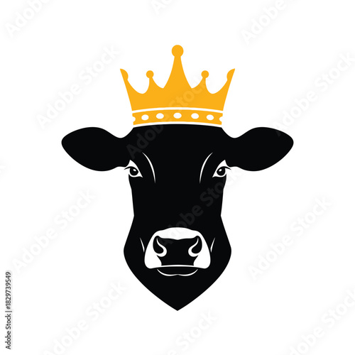 Stylized black cow head wearing a golden crown, isolated on a white background, representing royalty and dairy farming leadership