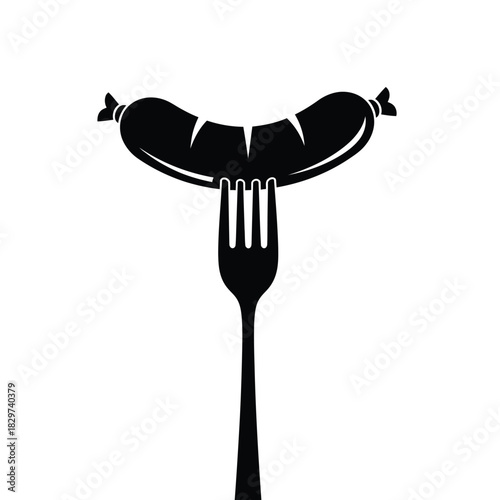 Simple black silhouette of a sausage impaled on a fork against a white background, representing food and dining concepts.