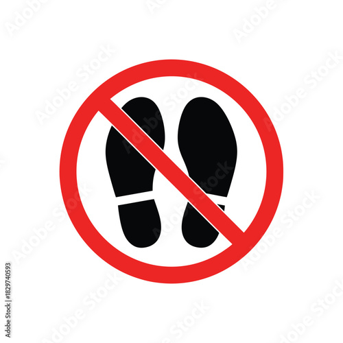 No footprints sign icon, red prohibition circle with black shoe prints inside, isolated on white background, vector graphic illustration.