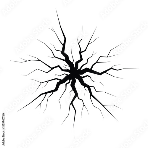 Abstract black crack graphic originating from center, resembling earthquake or impact effect on a white background