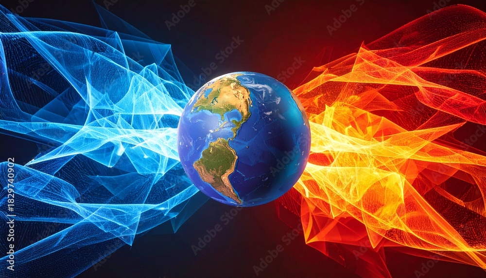 Fototapeta premium Global Warming Concept Earth Between Fire and Ice Abstract