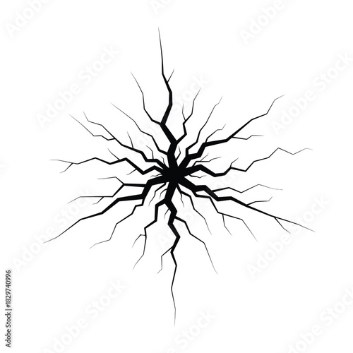 Black crack radiating from the center on a clean white background, abstract design representing damage or fracture.