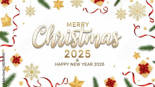 Merry Christmas and Happy New Year 2026 Festive Banner with Ornaments and Decorations