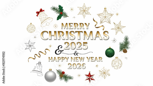 Elegant holiday greeting design for Merry Christmas and Happy New Year 2025 featuring festive golden ornaments, snowflakes, and seasonal decorations, perfect for celebration