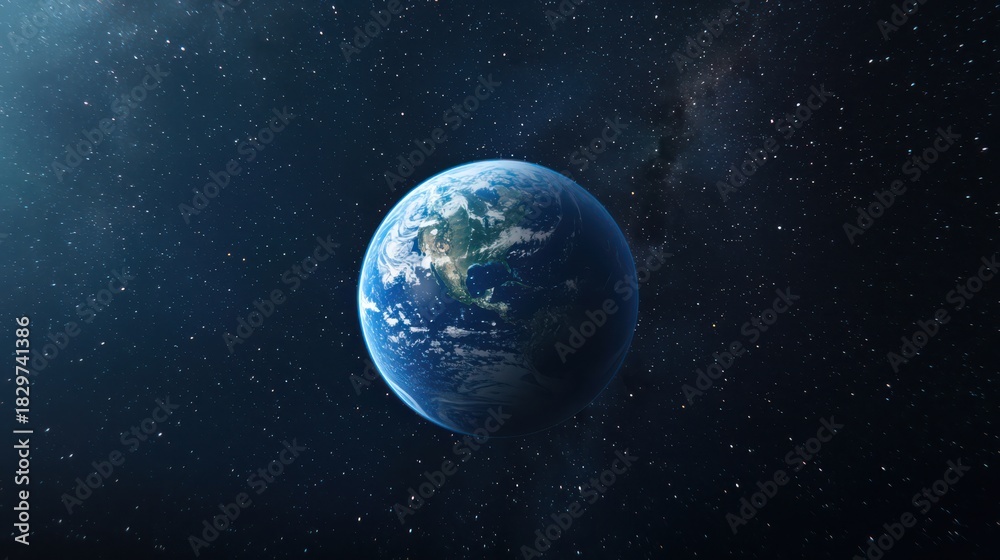 Fototapeta premium A stunning view of Earth from space, showcasing its vibrant blue oceans and green continents against a backdrop of dark, starry space.