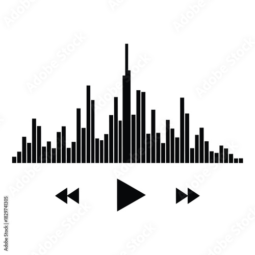 Black audio waveform equalizer graphic with play, rewind, and fast forward icons, representing sound frequency and music playback on a white background.