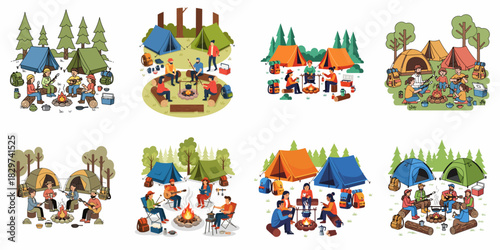 Collection of vector illustrations showing diverse groups camping, enjoying campfires, cooking, and relaxing outdoors with tents and gear in the forest.