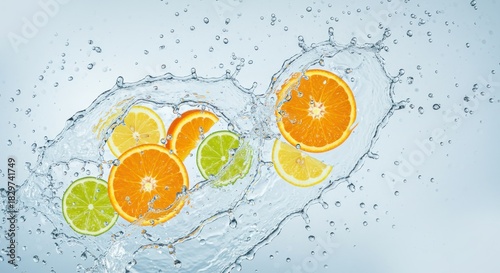 Citrus fruit slices splashing in water