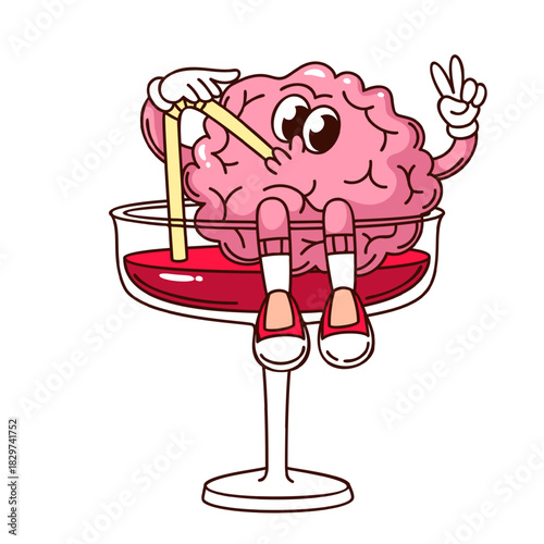 Funny brain sitting in cocktail glass and drinking alcohol with straw, making peace sign. Groovy cartoon doodle sticker of unhealthy lifestyle and alcohol influence, outline vector illustration.