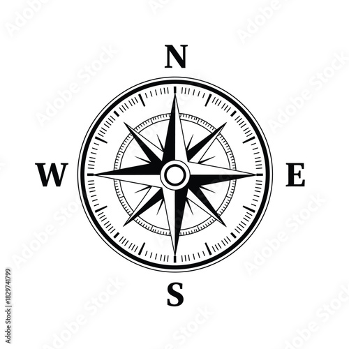 Classic black and white compass rose indicating cardinal directions north, south, east, and west, isolated on a white background.