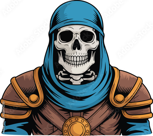 Skeleton warrior vector wearing a blue hood and brown armor with golden accents on a black background.