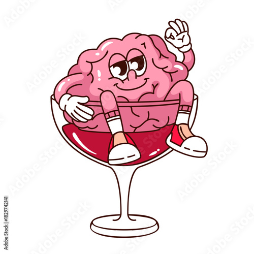 Calm brain sitting in a glass of red wine showing OK gesture with hand. Groovy cartoon doodle sticker of unhealthy lifestyle and alcohol influence, outline vector illustration.