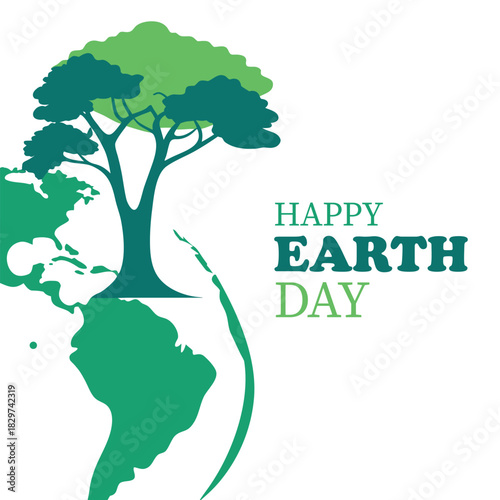Happy Earth Day graphic with green tree silhouette superimposed on the Americas continent map