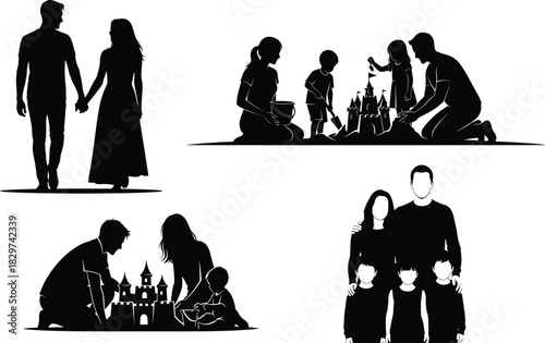 Family silhouettes building sandcastles and walking together with love