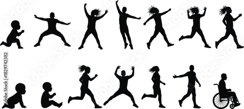 Silhouette of human growth life cycle from baby to adult in wheelchair, vector stages of aging and movement illustration