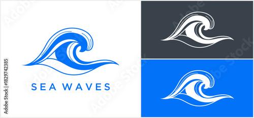 Illustration of stylized sea waves in blue and white, with variations on different backgrounds.