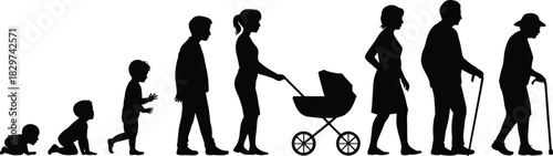 Silhouette of human life stages, from crawling baby to elderly with cane, evolution of life, growth process, aging journey, human development, life cycle