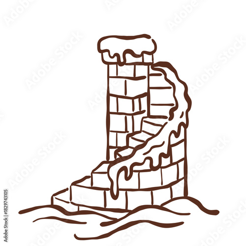 Frost covered spiral tower stairway leading into a dreamy winter castle world with soft flowing snow and fairy tale charm