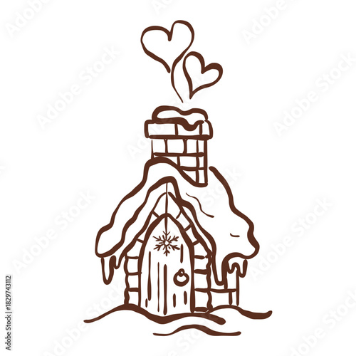 Snow Covered Cozy Cottage with Heart Shaped Chimney Smoke Winter Castlecore Fantasy Line Art