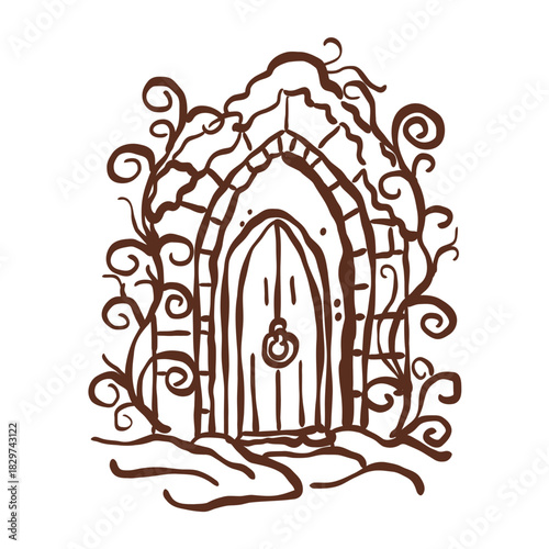 mystical winter ivy gate opening into a hidden castle realm with swirling vines and ancient magic atmosphere