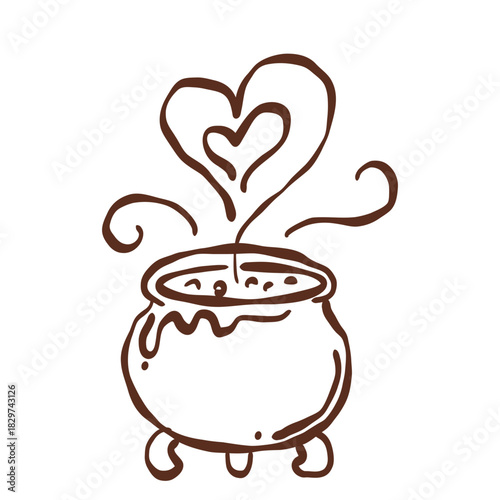 Magical Love Potion Cauldron Brewing Heart Shaped Steam Cozy Fairytale Castlecore Line Art