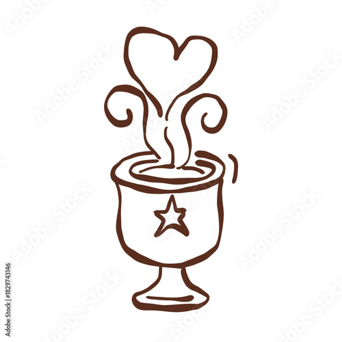 Enchanted winter cup with heart steam rising in warm gentle swirls bringing soft cozy magic to a dreamy castle night