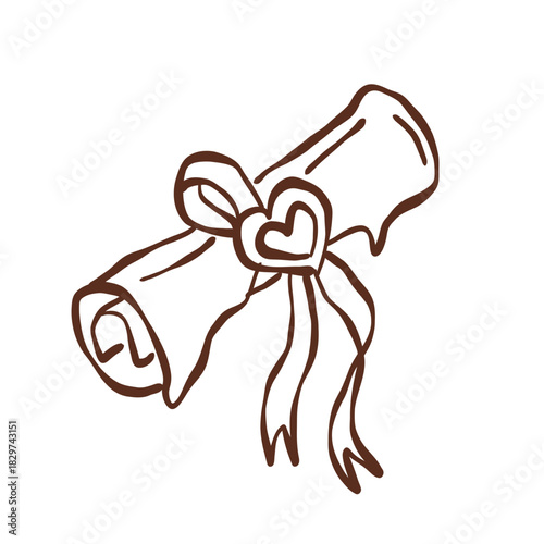 Whimsical Winter Love Scroll Wrapped in Ribbon with Heart Charm Cozy Castlecore Line Art