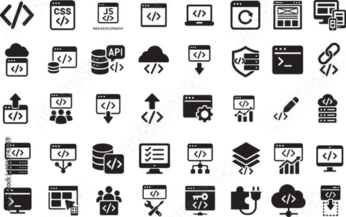 Web development icon set featuring coding, programming, UI elements, apps, and minimal modern symbols.