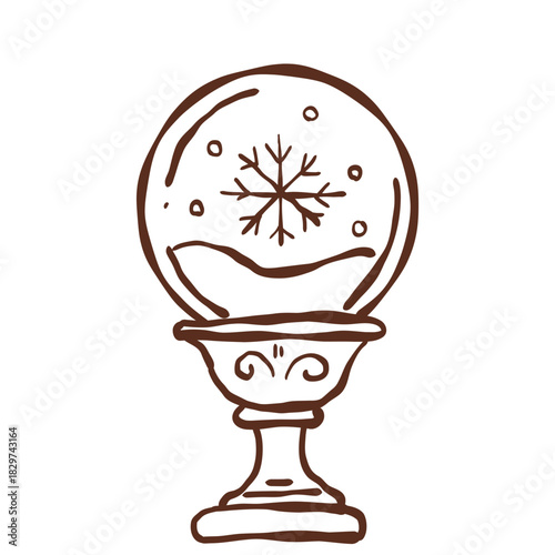 Cozy winter snow globe with gentle swirling flakes and a magical holiday charm captured in delicate line art style